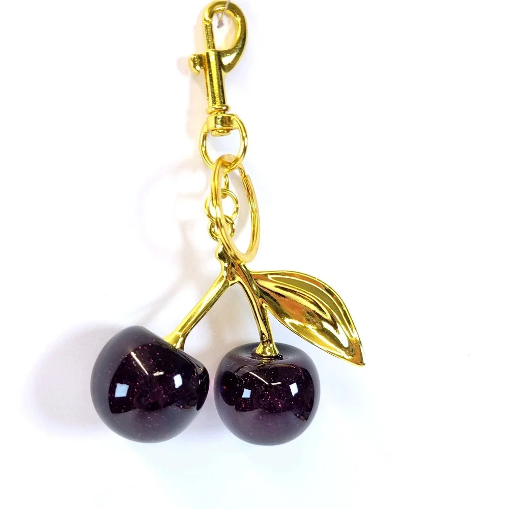 Cherry Bag Charm Glitter Resin Gold Hardware Dark Purple Womens Goth Whimsical